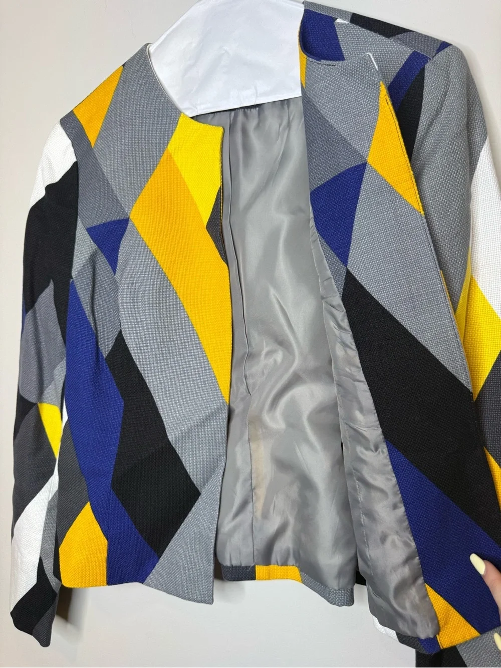 Anne Klein Geometric Print Women’s Jacket in Yellow, Blue & Gray